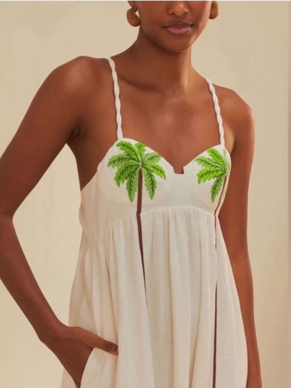 Farm Rio White Coconut Palm Tree Embroidered Linen Maxi Dress NWT Size S Small - Picture 2 of 5